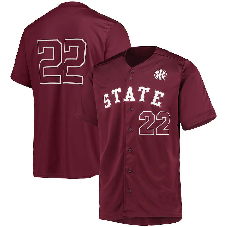 #22 M.State Bulldogs Button-Up Baseball Jersey Maroon Stitched American College Jerseys