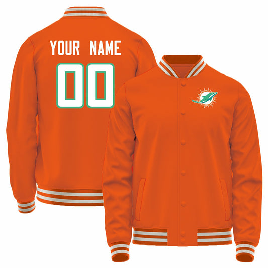 Custom M.Dolphins Orange Bomber Full-Snap Varsity Letterman Jacket