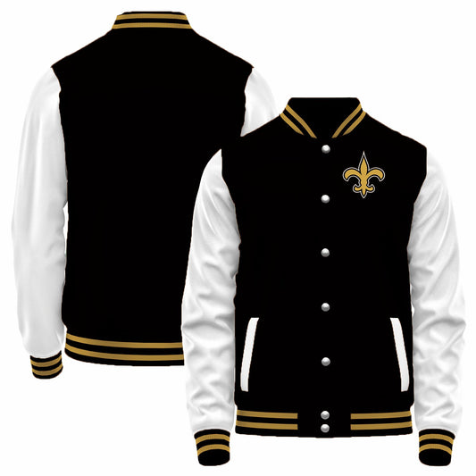 Custom NO.Saints Black-White Bomber Full-Snap Varsity Letterman Jacket