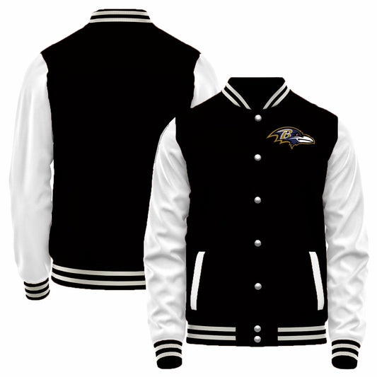 Custom B.Ravens Black-White Bomber Full-Snap Varsity Letterman Jacket